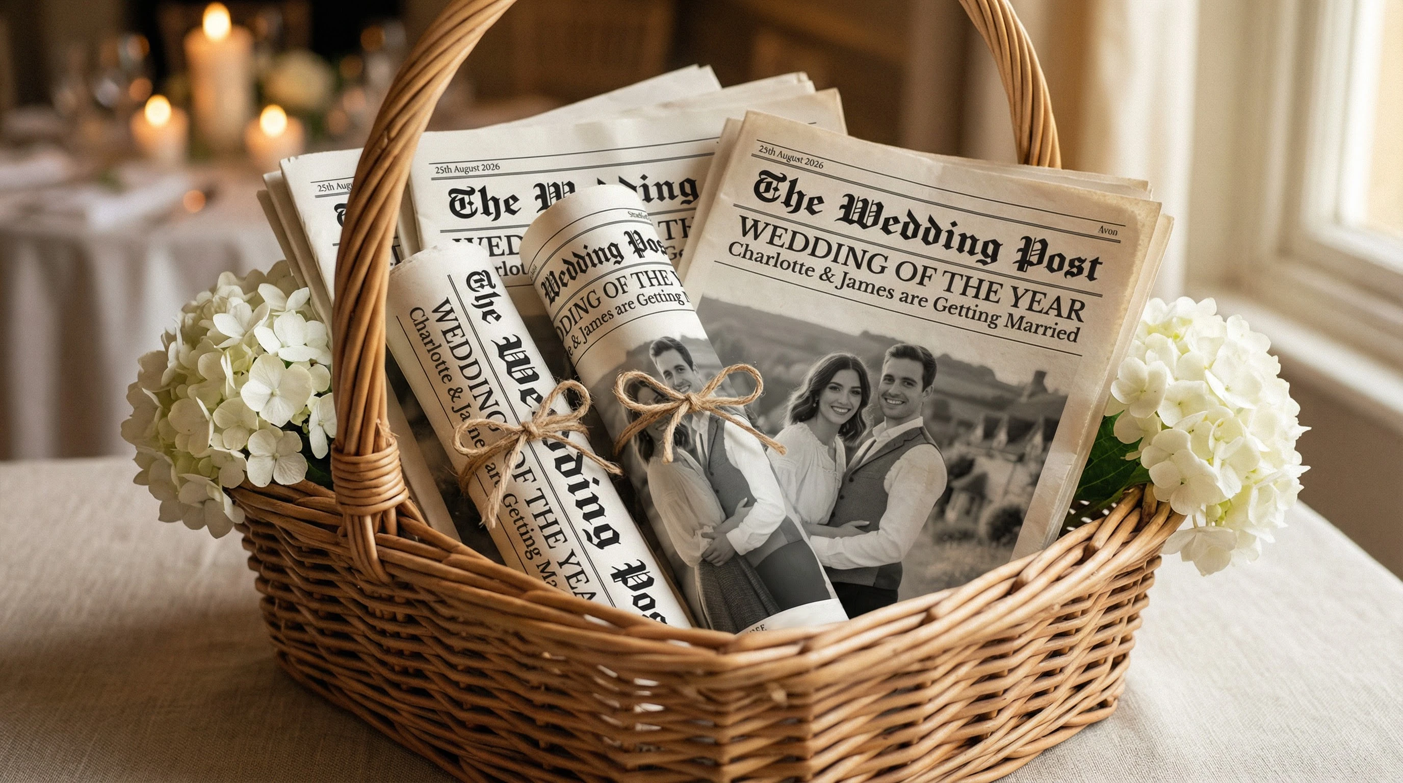 a basket of wedding newspapers ready for the ceremony